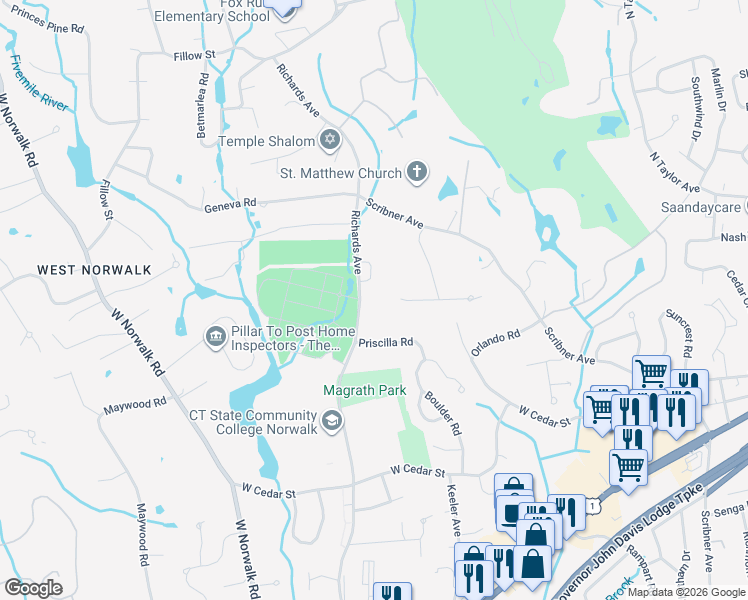 map of restaurants, bars, coffee shops, grocery stores, and more near 220 Richards Avenue in Norwalk