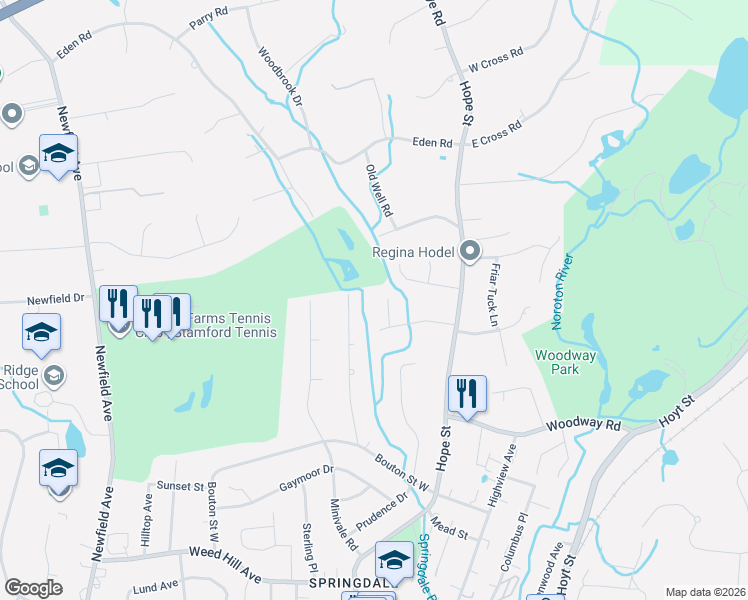 map of restaurants, bars, coffee shops, grocery stores, and more near 34 Tree Lane in Stamford