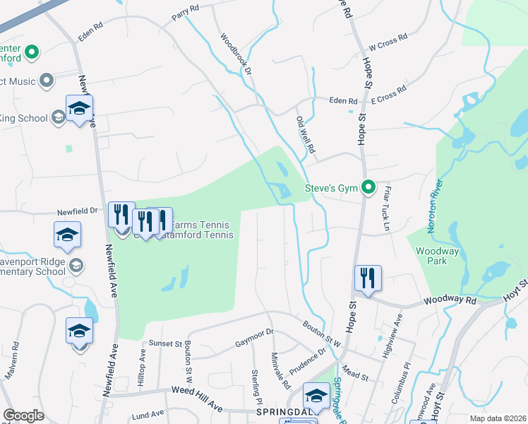map of restaurants, bars, coffee shops, grocery stores, and more near 140 Old Colony Road in Stamford