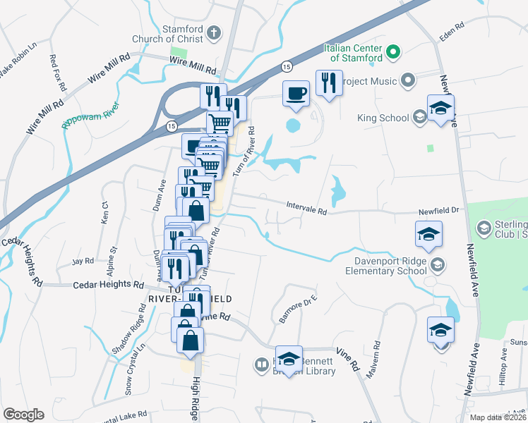 map of restaurants, bars, coffee shops, grocery stores, and more near 34 Intervale Road in Stamford