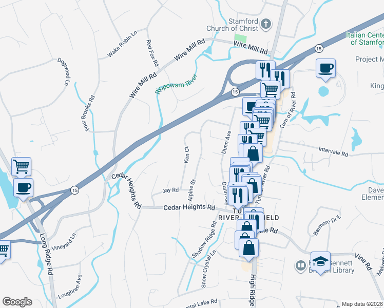 map of restaurants, bars, coffee shops, grocery stores, and more near 89 Alpine Street in Stamford