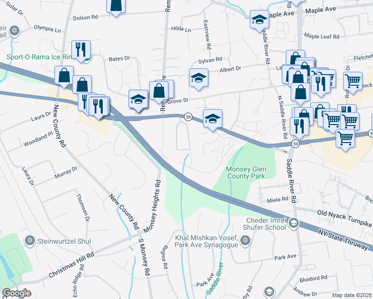 map of restaurants, bars, coffee shops, grocery stores, and more near 8 Roberts Road in Monsey