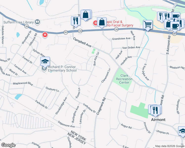 map of restaurants, bars, coffee shops, grocery stores, and more near 16 Bon Aire Circle in Suffern