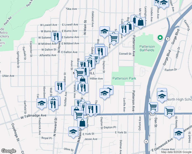map of restaurants, bars, coffee shops, grocery stores, and more near 809 Thayer Street in Akron