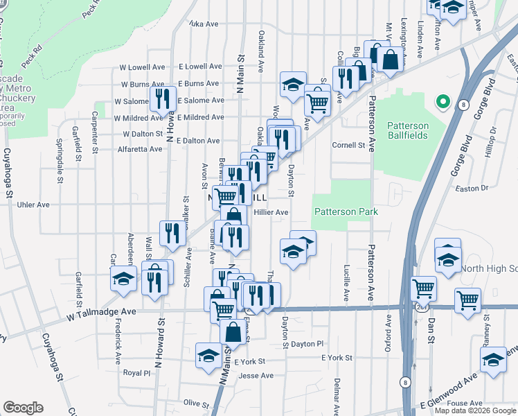 map of restaurants, bars, coffee shops, grocery stores, and more near 809 Thayer Street in Akron
