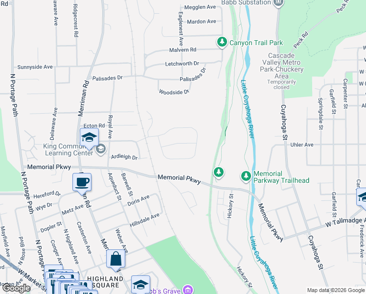 map of restaurants, bars, coffee shops, grocery stores, and more near 517 Dickemery Drive in Akron