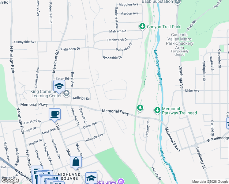 map of restaurants, bars, coffee shops, grocery stores, and more near 517 Dickemery Drive in Akron