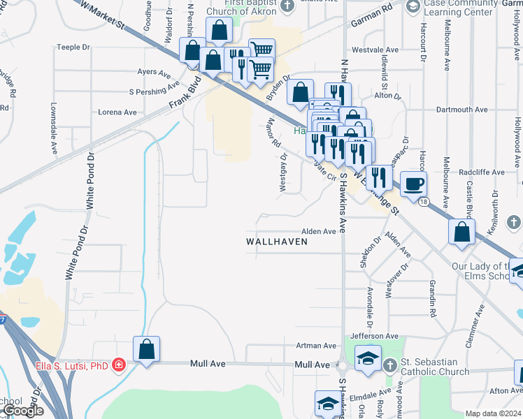 map of restaurants, bars, coffee shops, grocery stores, and more near 365 Village Pointe Drive in Akron