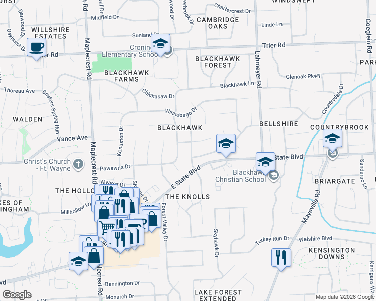 map of restaurants, bars, coffee shops, grocery stores, and more near 6901-6999 Piegan Pl in Fort Wayne