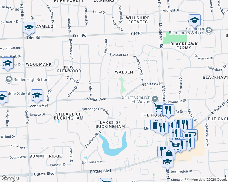 map of restaurants, bars, coffee shops, grocery stores, and more near 3310 Sudbury Place in Fort Wayne