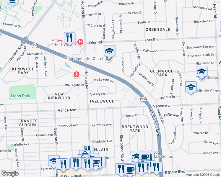 map of restaurants, bars, coffee shops, grocery stores, and more near 3440 Ivy League Ln in Fort Wayne