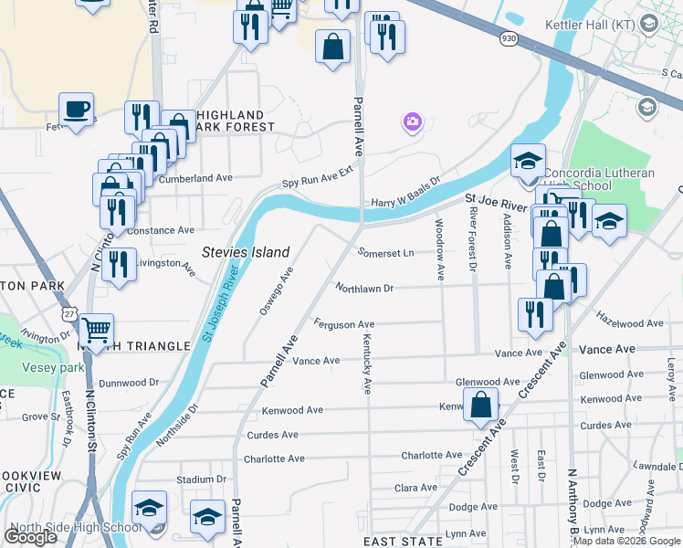 map of restaurants, bars, coffee shops, grocery stores, and more near 3345 Parnell Ave in Fort Wayne