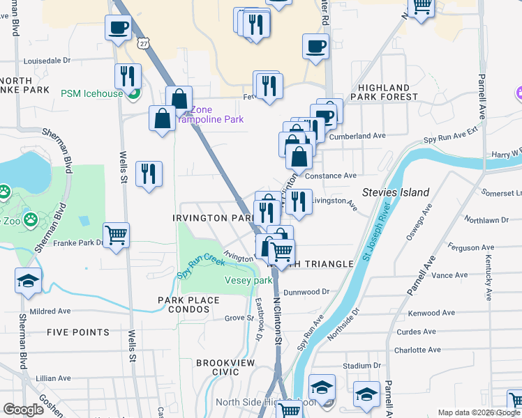 map of restaurants, bars, coffee shops, grocery stores, and more near 318 Norfolk Ave in Fort Wayne