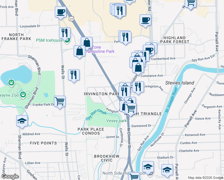 map of restaurants, bars, coffee shops, grocery stores, and more near 318 Norfolk Ave in Fort Wayne