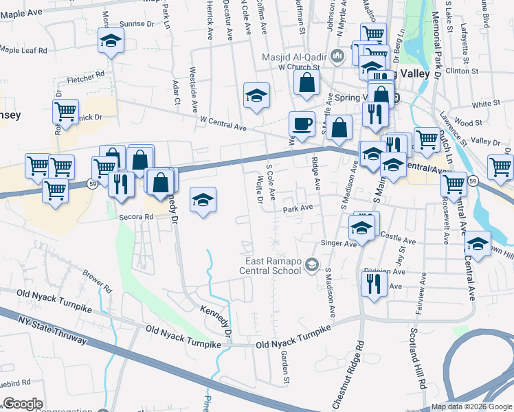 map of restaurants, bars, coffee shops, grocery stores, and more near 14 Wolfe Drive in Spring Valley