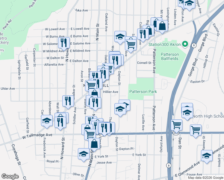 map of restaurants, bars, coffee shops, grocery stores, and more near 809 Thayer Street in Akron