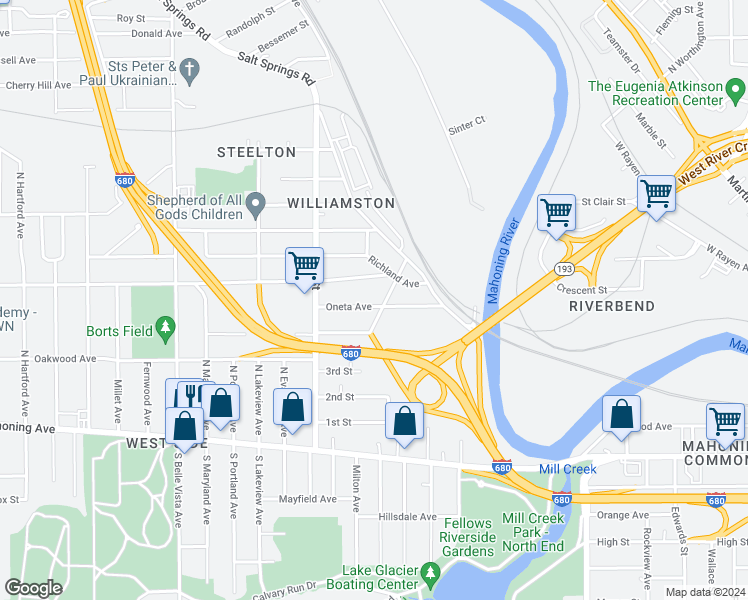 map of restaurants, bars, coffee shops, grocery stores, and more near 94 Oneta Ave in Youngstown