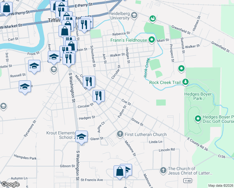 map of restaurants, bars, coffee shops, grocery stores, and more near 350 Hedges Street in Tiffin