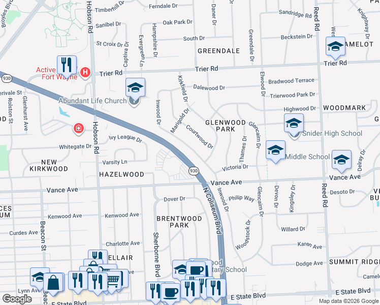 map of restaurants, bars, coffee shops, grocery stores, and more near 3333 Inwood Drive in Fort Wayne