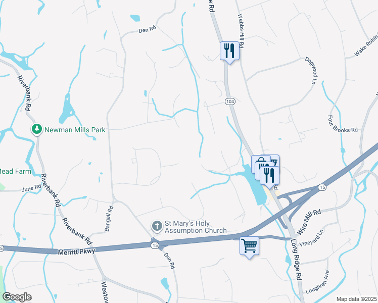 map of restaurants, bars, coffee shops, grocery stores, and more near 105 Northwood Lane in Stamford