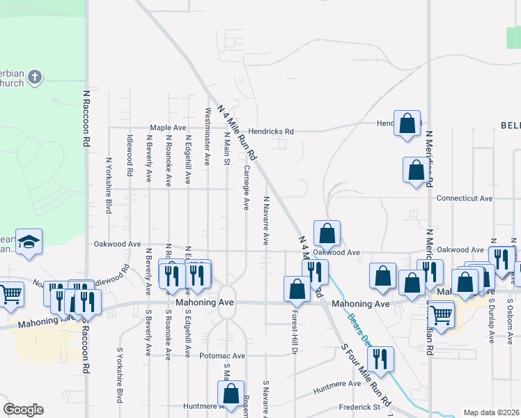 map of restaurants, bars, coffee shops, grocery stores, and more near 181 North Navarre Avenue in Youngstown