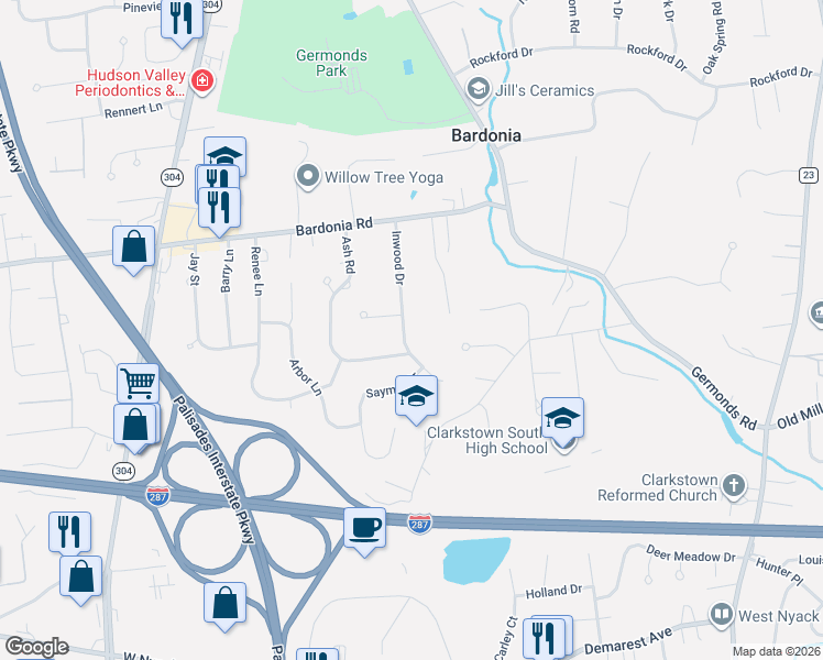 map of restaurants, bars, coffee shops, grocery stores, and more near 39 Inwood Drive in Bardonia