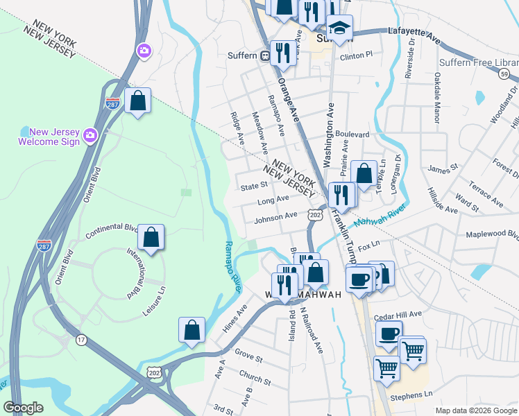 map of restaurants, bars, coffee shops, grocery stores, and more near 17 Long Avenue in Mahwah