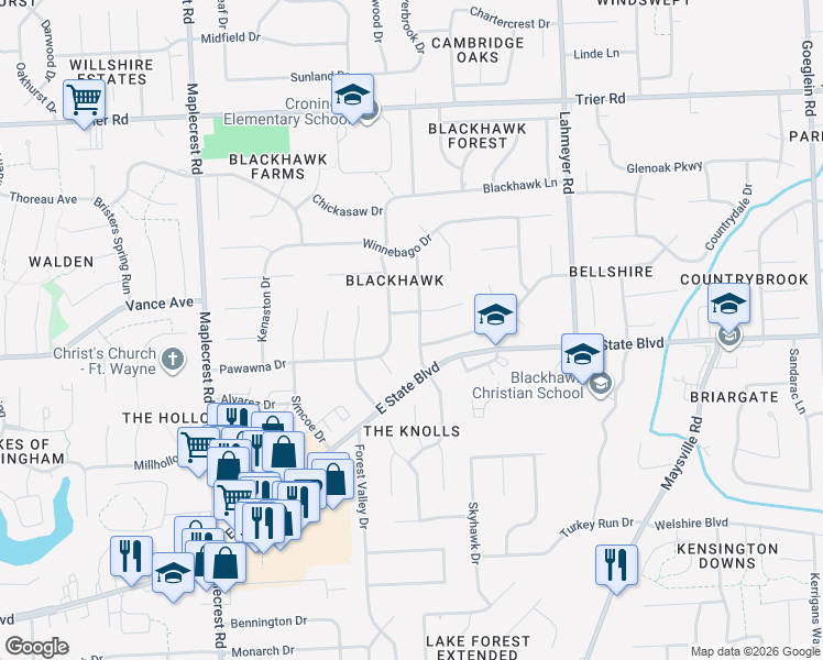 map of restaurants, bars, coffee shops, grocery stores, and more near 6901-6999 Piegan Pl in Fort Wayne