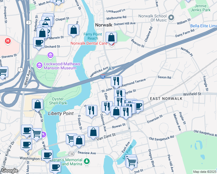 map of restaurants, bars, coffee shops, grocery stores, and more near 24 Laurel Street in Norwalk