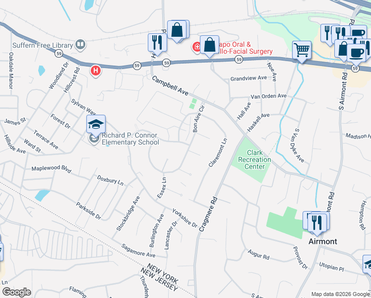 map of restaurants, bars, coffee shops, grocery stores, and more near 3 Milford Lane in Suffern