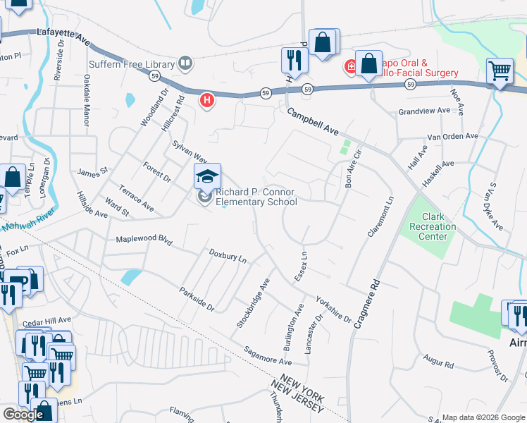 map of restaurants, bars, coffee shops, grocery stores, and more near 112 Yorkshire Drive in Suffern