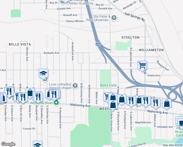 map of restaurants, bars, coffee shops, grocery stores, and more near 2124 Connecticut Avenue in Youngstown