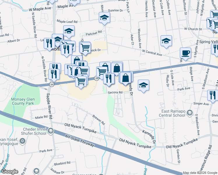 map of restaurants, bars, coffee shops, grocery stores, and more near 94 Secora Road in Monsey
