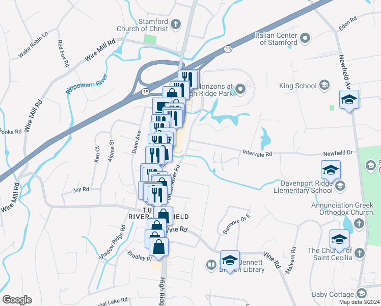 map of restaurants, bars, coffee shops, grocery stores, and more near 131 Turn of River Road in Stamford