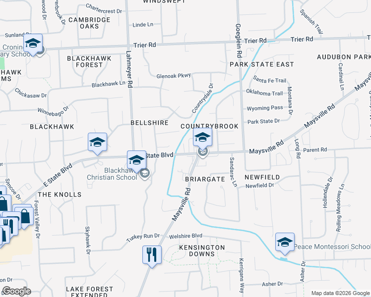 map of restaurants, bars, coffee shops, grocery stores, and more near 7751 East State Boulevard in Fort Wayne
