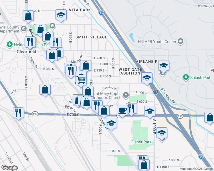 map of restaurants, bars, coffee shops, grocery stores, and more near 627 East 450 South in Clearfield