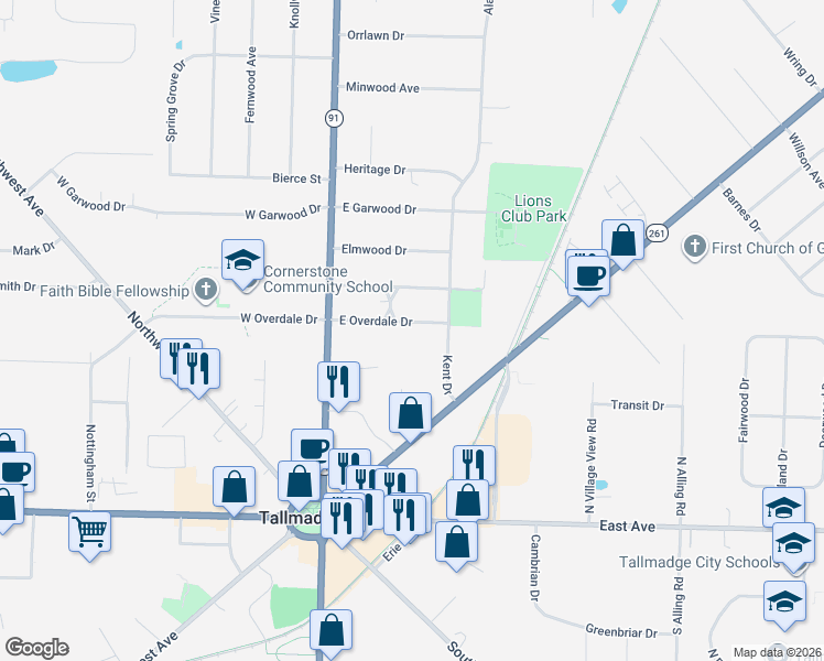 map of restaurants, bars, coffee shops, grocery stores, and more near 75 East Overdale Drive in Tallmadge