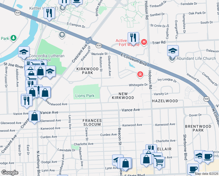 map of restaurants, bars, coffee shops, grocery stores, and more near 2627 Whitegate Drive in Fort Wayne