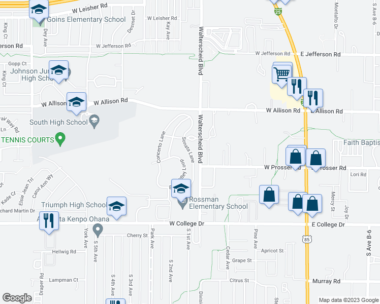 map of restaurants, bars, coffee shops, grocery stores, and more near 1201 Sonata Lane in Cheyenne