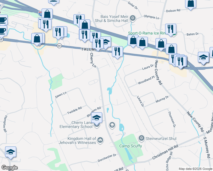 map of restaurants, bars, coffee shops, grocery stores, and more near 264 Cherry Lane in Airmont
