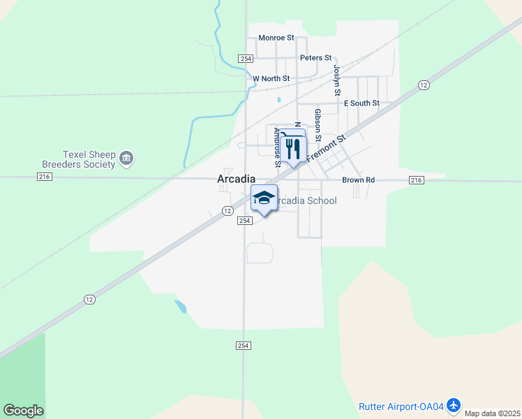 map of restaurants, bars, coffee shops, grocery stores, and more near 19033 Ohio 12 in Arcadia