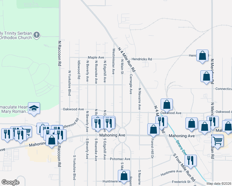 map of restaurants, bars, coffee shops, grocery stores, and more near 192 North Main Street in Youngstown
