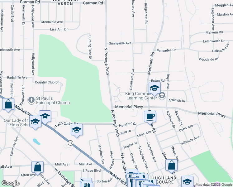 map of restaurants, bars, coffee shops, grocery stores, and more near 333 North Portage Path in Akron