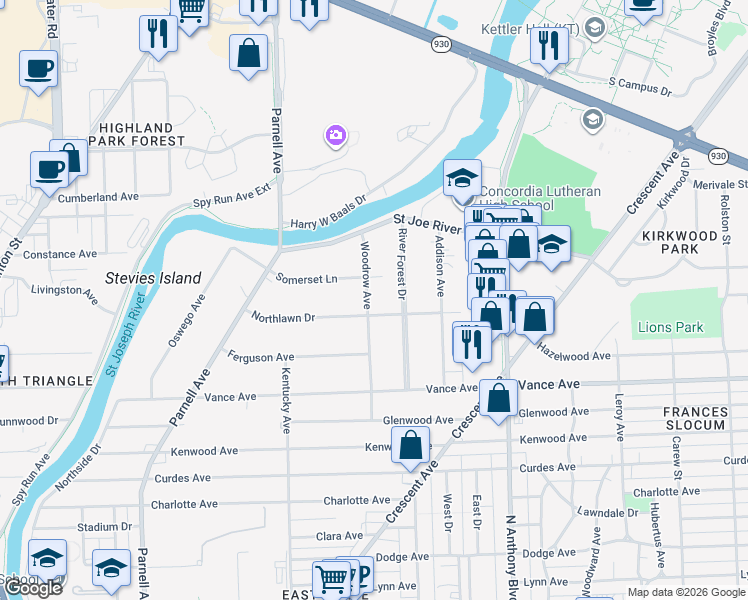 map of restaurants, bars, coffee shops, grocery stores, and more near 3301-3399 Woodrow Ave in Fort Wayne