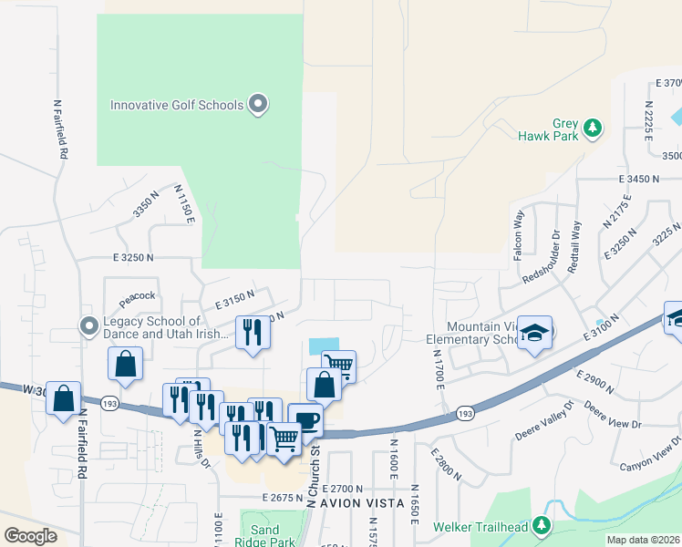 map of restaurants, bars, coffee shops, grocery stores, and more near 1505 East 3225 North in Layton