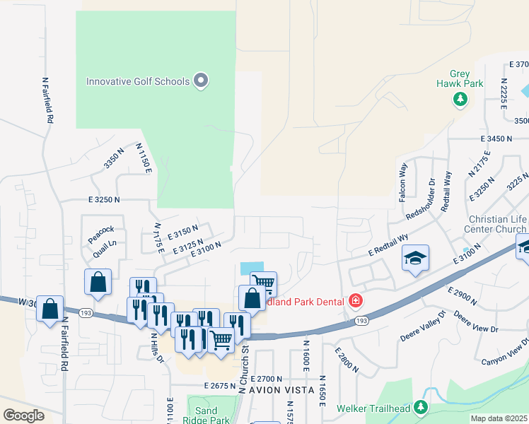 map of restaurants, bars, coffee shops, grocery stores, and more near 1505 East 3225 North in Layton