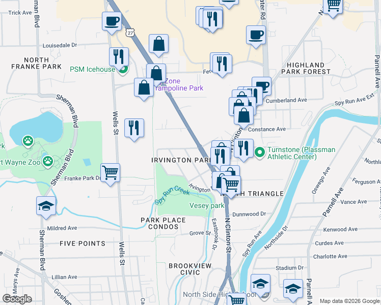 map of restaurants, bars, coffee shops, grocery stores, and more near 3415 U.S. 27 in Fort Wayne