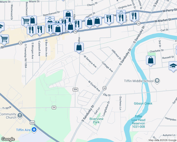 map of restaurants, bars, coffee shops, grocery stores, and more near 1363 West Woodland Avenue in Tiffin