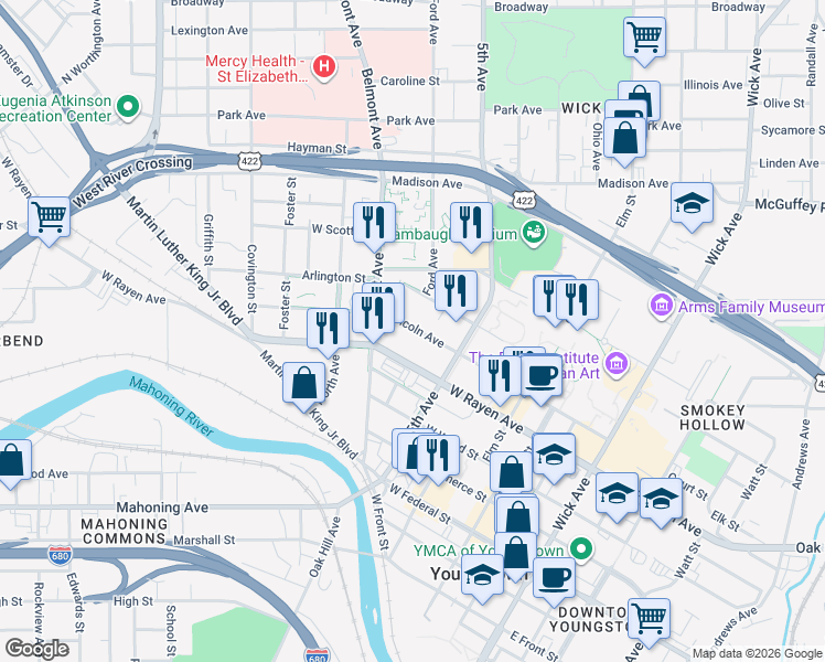 map of restaurants, bars, coffee shops, grocery stores, and more near 343 Arlington Street in Youngstown