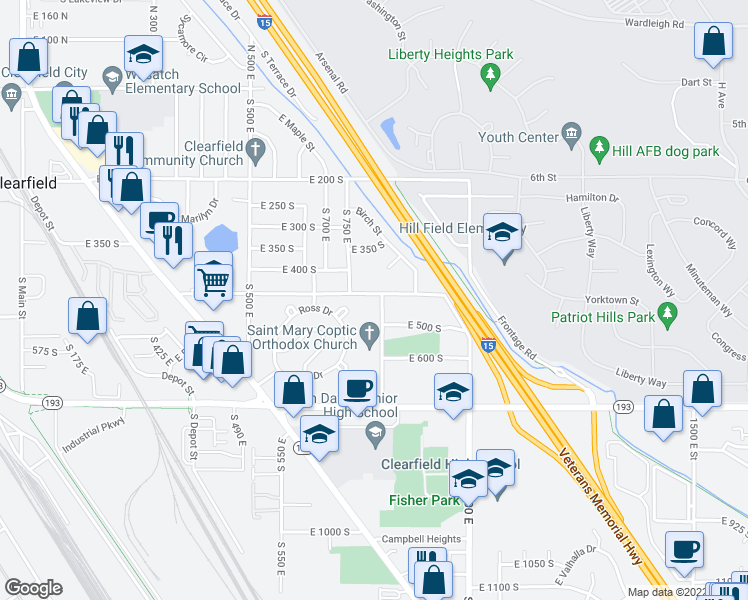 map of restaurants, bars, coffee shops, grocery stores, and more near 795 East 450 South in Clearfield